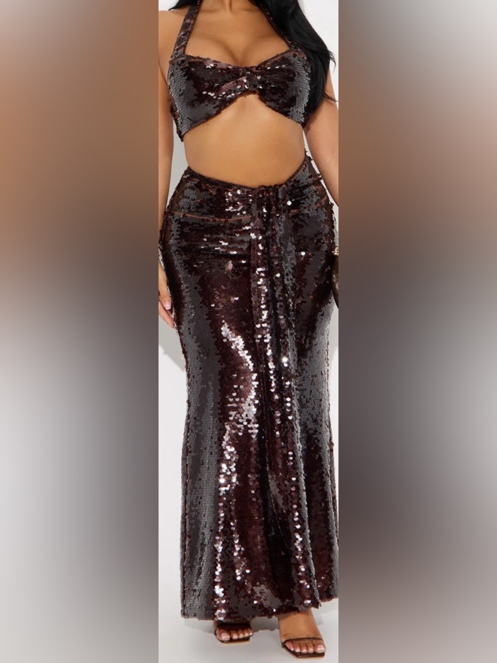 Sequin Halter Maxi Dress in Dark Brown